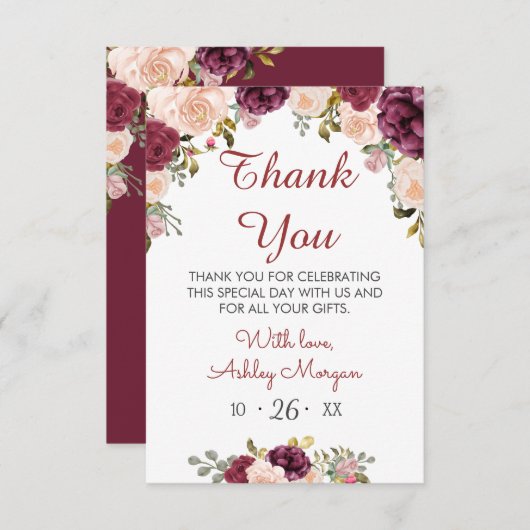 Greenery Burgundy Marsala Red Floral Vrijgezellenf Bedankkaart (Voorkant / Achterkant)