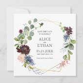 Greenery Burgundy Navy Blue Flowers Wedding Save The Date (Voorkant)