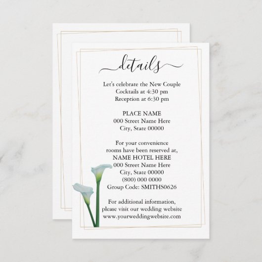 Greenery Calla Lily Wedding Details Card Informatiekaartje (Voorkant / Achterkant)