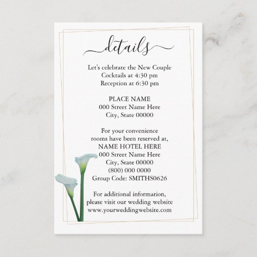 Greenery Calla Lily Wedding Details Card Informatiekaartje (Voorkant)