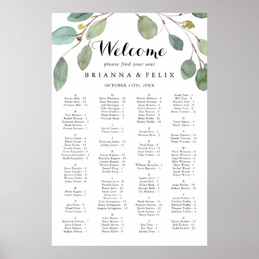 Greenery Calligraphy Alfabetical Seating Chart Poster (Voorkant)