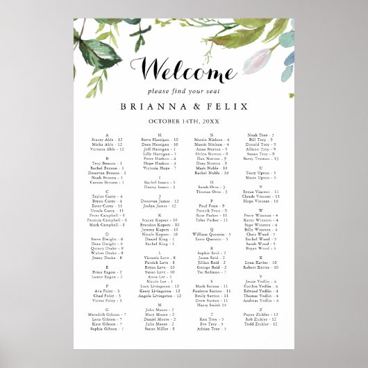 Greenery Calligraphy Alfabetical Seating Chart Poster (Voorkant)