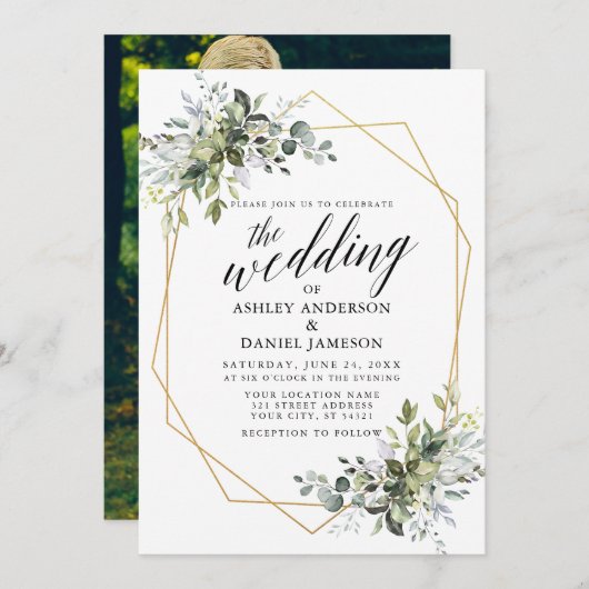 Greenery Calligraphy Foto Geometric Wedding Kaart (Voorkant / Achterkant)