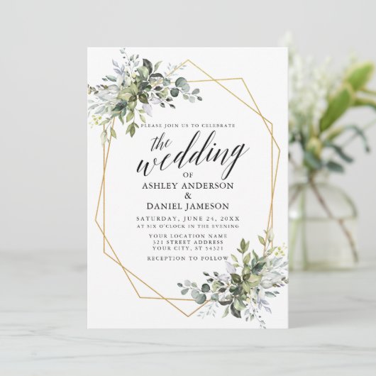 Greenery Calligraphy Geometric Photo Wedding Kaart (Staand voorkant)