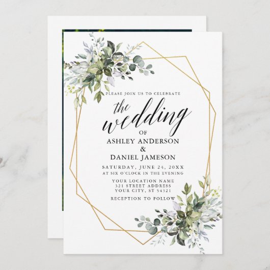 Greenery Calligraphy Geometric Photo Wedding Kaart (Voorkant / Achterkant)