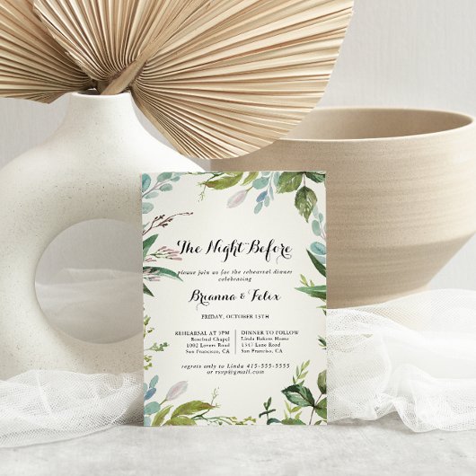 Greenery Calligraphy Night before Rehearsal Dinner Kaart