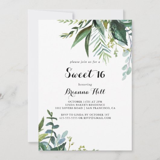 Greenery Calligraphy Sweet 16 Birthday Party Kaart (Voorkant)
