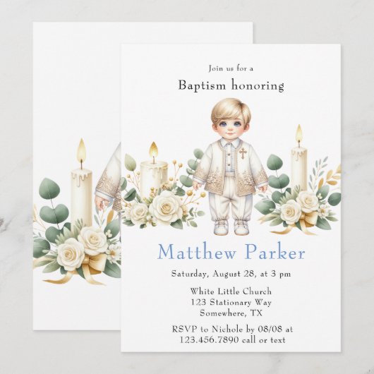 Greenery Candles Cartoon Boy Doop Kaart (Voorkant / Achterkant)