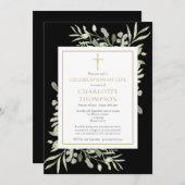 Greenery Celebration of Life Black Gold Funeral Kaart (Voorkant / Achterkant)