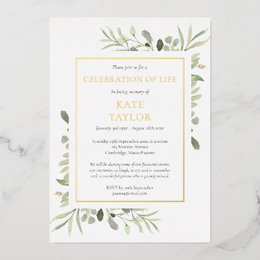 Greenery Celebration of Life Funeral Gold Folie Uitnodiging (Voorkant)