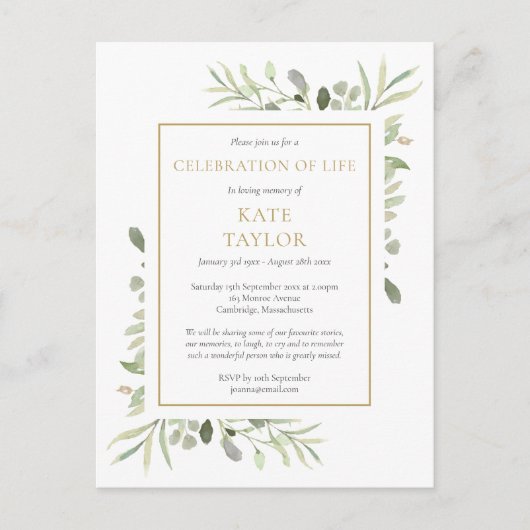 Greenery Celebration of Life Funeral Invitation Aankondigingskaart (Voorkant)