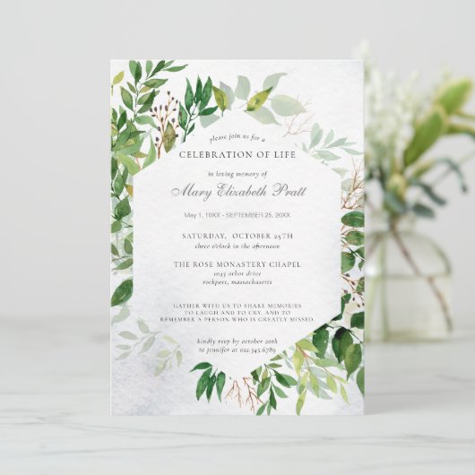 Greenery Celebration of Life Funeral Invitation Kaart (Staand voorkant)