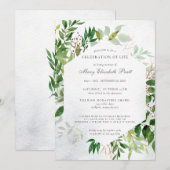 Greenery Celebration of Life Funeral Invitation Kaart (Voorkant / Achterkant)