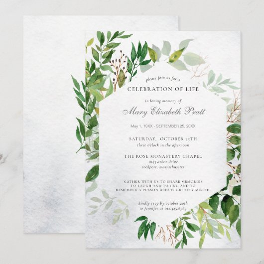 Greenery Celebration of Life Funeral Invitation Kaart (Voorkant / Achterkant)