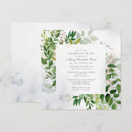 Greenery Celebration of Life Funeral Invitation Kaart (Voorkant / Achterkant)