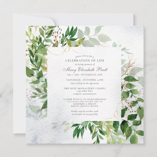 Greenery Celebration of Life Funeral Invitation Kaart (Voorkant)