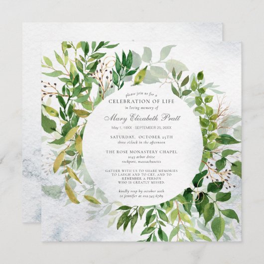 Greenery Celebration of Life Funeral Invitation Kaart (Voorkant / Achterkant)