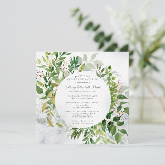 Greenery Celebration of Life Funeral Invitation Kaart (Staand voorkant)