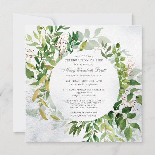 Greenery Celebration of Life Funeral Invitation Kaart (Voorkant)