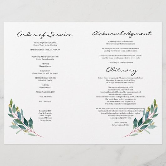 Greenery Celebration of Life Funeral Programme Flyer (Achterkant)