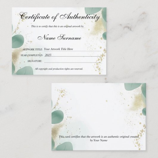 Greenery Certificaat van Authenticiteit Kunstwerk (Voorkant / Achterkant)