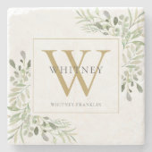 Greenery Chic Gold Monogram Stenen Onderzetter (Voorkant)