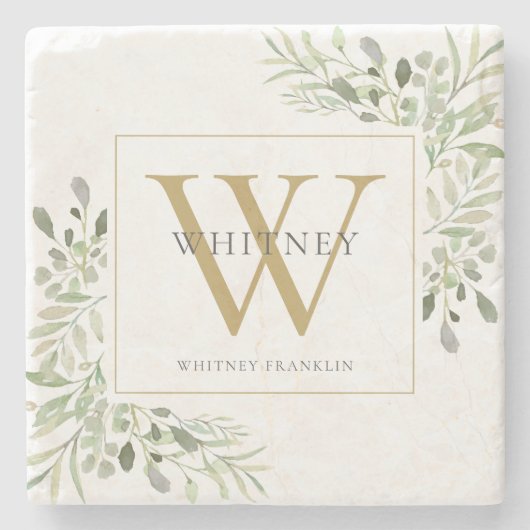 Greenery Chic Gold Monogram Stenen Onderzetter (Voorkant)