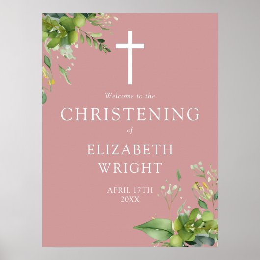 Greenery Christening Dusty Roos Roze Welkom Teken Poster (Voorkant)