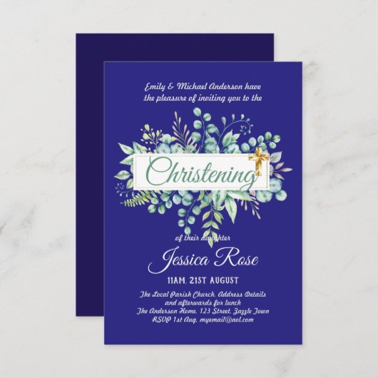 Greenery Christening Invites Baptism Bautizo Leafy (Voorkant / Achterkant)