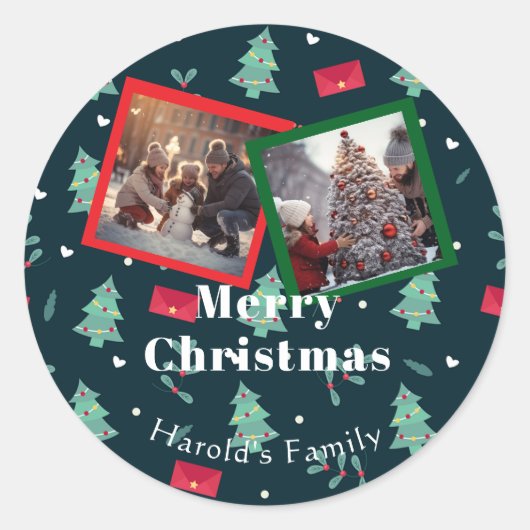Greenery Christmas Monogram Foto Ronde Sticker (Voorkant)