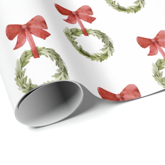 Greenery Christmas Wreath Red Bow Cadeaupapier (Rol Hoek)