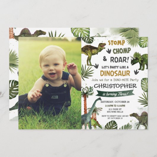 Greenery Cool Dinosaurs T-Rex Birthday Kaart (Voorkant / Achterkant)