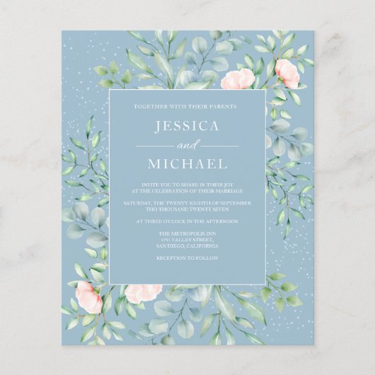 Greenery Cream Rozen Dusty Blue Wedding Invitation Flyer (Voorkant)