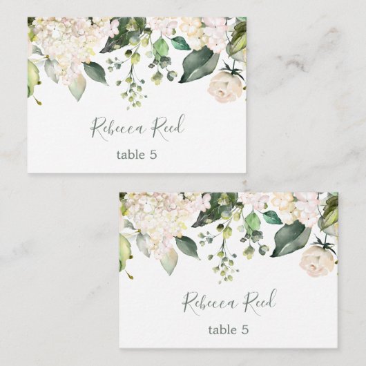 Greenery, crème hydrangea & rozen tafelblad visitekaartje (Voorkant / Achterkant)