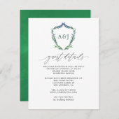 Greenery Crest Monogram Weddenschap Details Informatiekaartje (Voorkant / Achterkant)