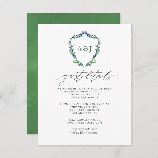 Greenery Crest Monogram Weddenschap Details Informatiekaartje (Voorkant / Achterkant)