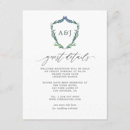 Greenery Crest Monogram Weddenschap Details Informatiekaartje (Voorkant)