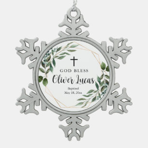 Greenery Cross Baptisme Snowflake Framed Ornament