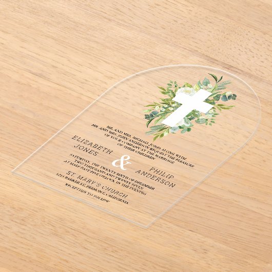 Greenery Cross Catholic Wedding Acryl Uitnodigingen (Laagn)