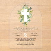 Greenery Cross Catholic Wedding Acryl Uitnodigingen (Voorkant)