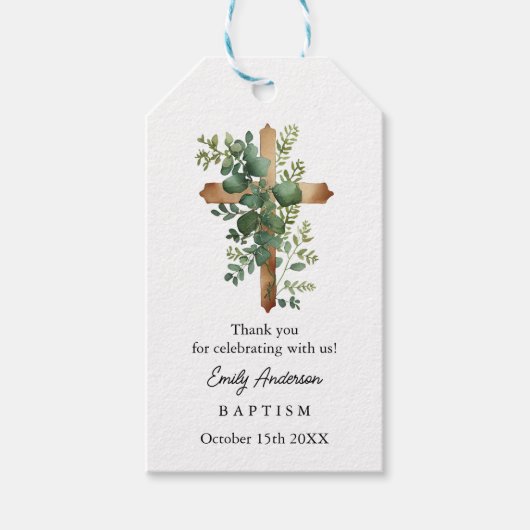 Greenery Cross-minimalist Baptism Christening Cadeaulabel (Voorkant)