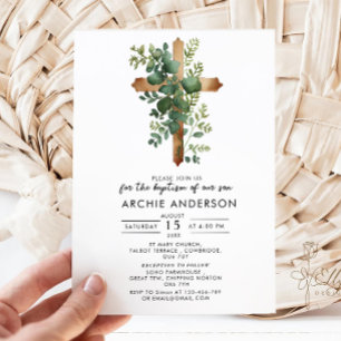 Greenery Cross-minimalist Baptism Christening Kaart