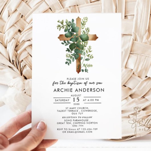 Greenery Cross-minimalist Baptism Christening Kaart