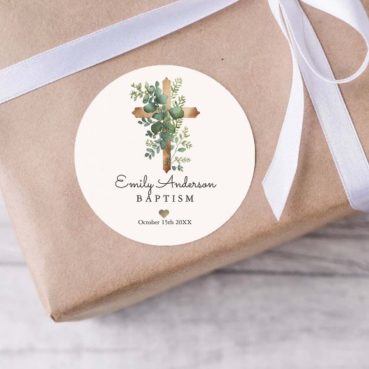 Greenery Cross-minimalist Baptism Christening Ronde Sticker