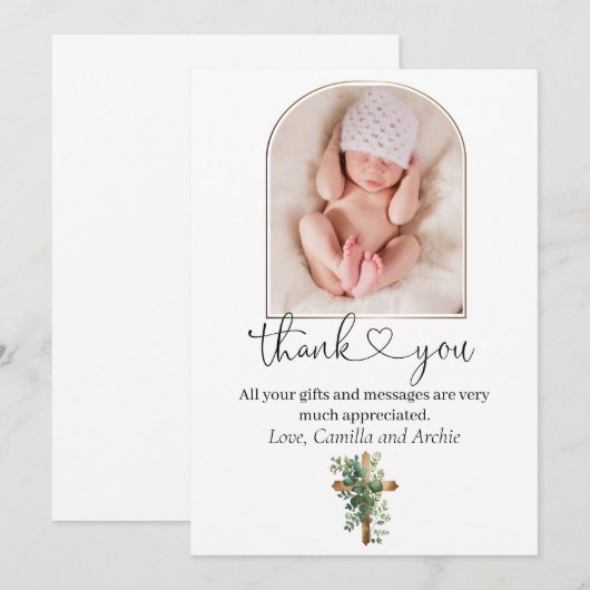 Greenery Cross-minimalistisch Baptisme Hartelijk d Bedankkaart (Voorkant / Achterkant)