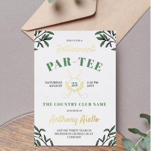 Greenery Crossed Golf Clubs Retirement Party Folie Uitnodiging