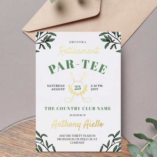 Greenery Crossed Golf Clubs Retirement Party Folie Uitnodiging