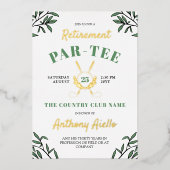Greenery Crossed Golf Clubs Retirement Party Folie Uitnodiging (Voorkant)