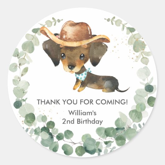 Greenery Cute Dachshund Puppy Dog Birthday Favor Ronde Sticker (Voorkant)