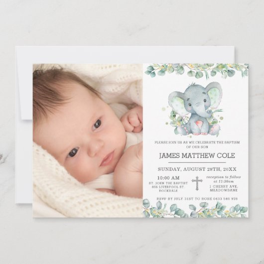 Greenery Cute Elephant Baptism Christening Foto Kaart (Voorkant)